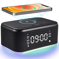 Alarm Clock Speaker Wireless Charger Digital Bedrooms Dimmable Light Bedrooms Bluetooth Speaker Alarm Clock Dual Alarm Snooze 12/24H Dimmer Support USB AUX