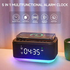 Alarm Clock Speaker Wireless Charger Digital Bedrooms Dimmable Light Bedrooms Bluetooth Speaker Alarm Clock Dual Alarm Snooze 12/24H Dimmer Support USB AUX