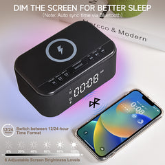 Alarm Clock Speaker Wireless Charger Digital Bedrooms Dimmable Light Bedrooms Bluetooth Speaker Alarm Clock Dual Alarm Snooze 12/24H Dimmer Support USB AUX