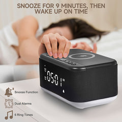 Alarm Clock Speaker Wireless Charger Digital Bedrooms Dimmable Light Bedrooms Bluetooth Speaker Alarm Clock Dual Alarm Snooze 12/24H Dimmer Support USB AUX