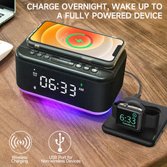 Alarm Clock Speaker Wireless Charger Digital Bedrooms Dimmable Light Bedrooms Bluetooth Speaker Alarm Clock Dual Alarm Snooze 12/24H Dimmer Support USB AUX