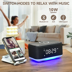 Alarm Clock Speaker Wireless Charger Digital Bedrooms Dimmable Light Bedrooms Bluetooth Speaker Alarm Clock Dual Alarm Snooze 12/24H Dimmer Support USB AUX