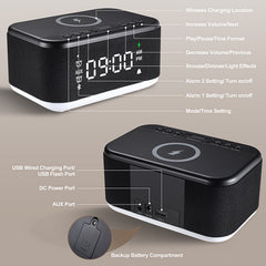 Alarm Clock Speaker Wireless Charger Digital Bedrooms Dimmable Light Bedrooms Bluetooth Speaker Alarm Clock Dual Alarm Snooze 12/24H Dimmer Support USB AUX
