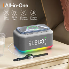 Alarm Clock Speaker Wireless Charger Digital Bedrooms Dimmable Light Bedrooms Bluetooth Speaker Alarm Clock Dual Alarm Snooze 12/24H Dimmer Support USB AUX