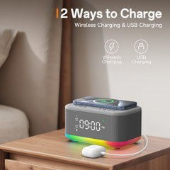 Alarm Clock Speaker Wireless Charger Digital Bedrooms Dimmable Light Bedrooms Bluetooth Speaker Alarm Clock Dual Alarm Snooze 12/24H Dimmer Support USB AUX
