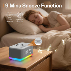 Alarm Clock Speaker Wireless Charger Digital Bedrooms Dimmable Light Bedrooms Bluetooth Speaker Alarm Clock Dual Alarm Snooze 12/24H Dimmer Support USB AUX