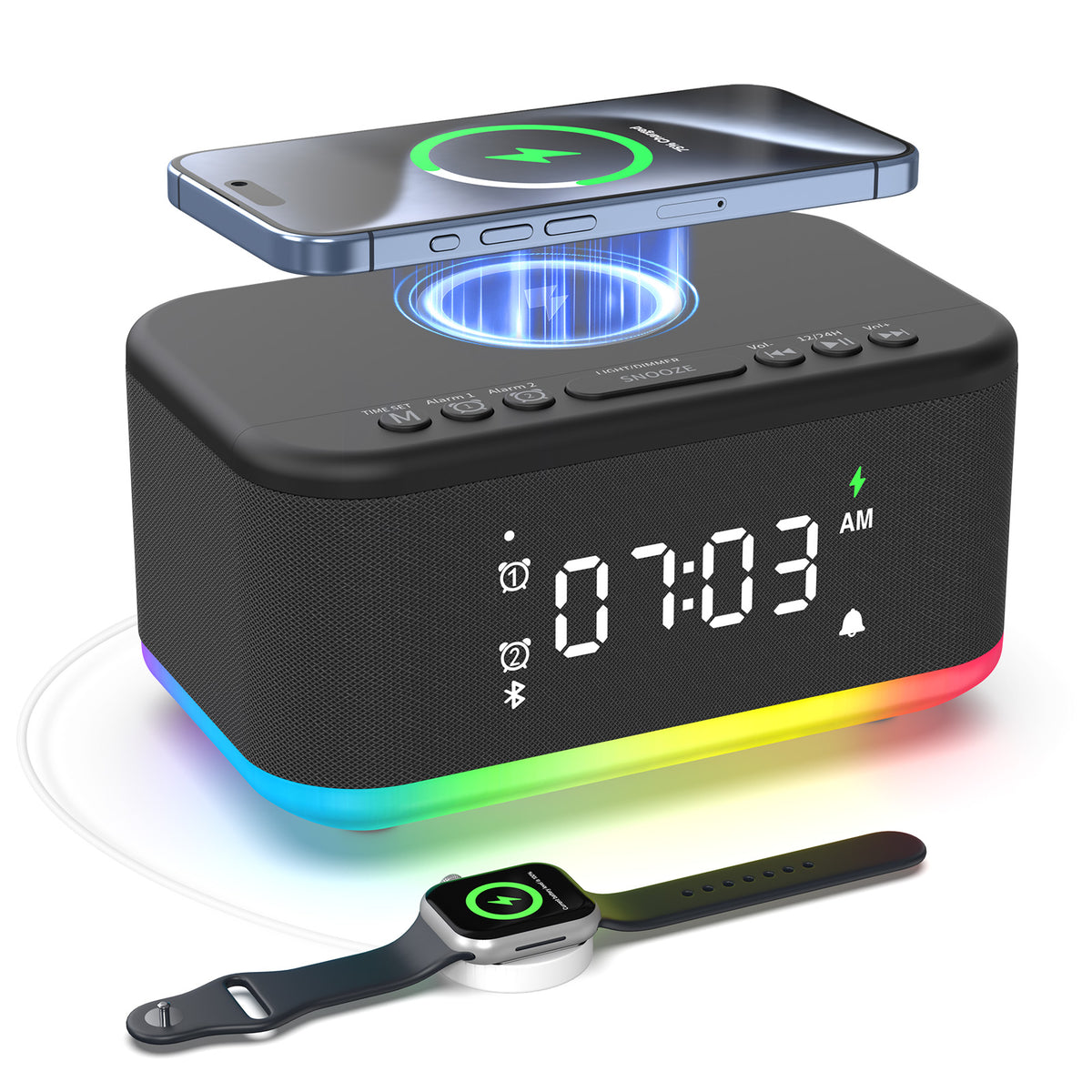 Alarm Clock Speaker Wireless Charger Digital Bedrooms Dimmable Light Bedrooms Bluetooth Speaker Alarm Clock Dual Alarm Snooze 12/24H Dimmer Support USB AUX