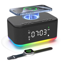 Alarm Clock Speaker Wireless Charger Digital Bedrooms Dimmable Light Bedrooms Bluetooth Speaker Alarm Clock Dual Alarm Snooze 12/24H Dimmer Support USB AUX