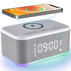 Alarm Clock Speaker Wireless Charger Digital Bedrooms Dimmable Light Bedrooms Bluetooth Speaker Alarm Clock Dual Alarm Snooze 12/24H Dimmer Support USB AUX