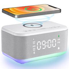 Alarm Clock Speaker Wireless Charger Digital Bedrooms Dimmable Light Bedrooms Bluetooth Speaker Alarm Clock Dual Alarm Snooze 12/24H Dimmer Support USB AUX