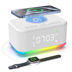 Alarm Clock Speaker Wireless Charger Digital Bedrooms Dimmable Light Bedrooms Bluetooth Speaker Alarm Clock Dual Alarm Snooze 12/24H Dimmer Support USB AUX